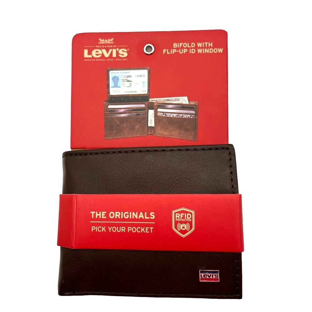 Levis Mens Bifold Wallet Brown with Flip-up ID Window RFID-Blocking